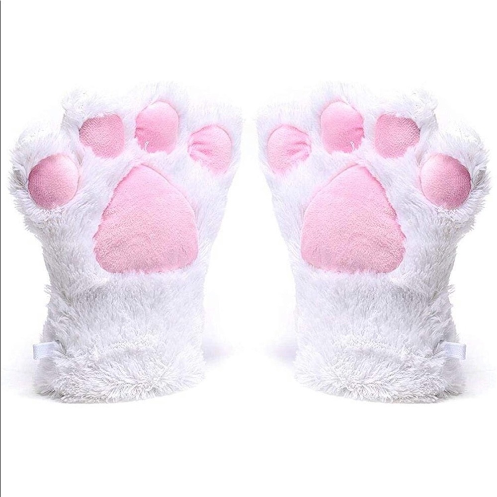 New white fur cat gloves mittens cosplay costume kitten